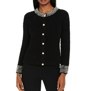 Alice + Olivia Devona Crystal Pearl Embellished Wool Blend Bouclé Black Cardigan
